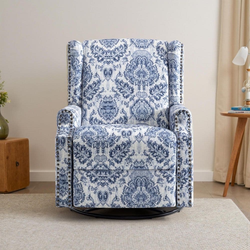 Swivel Recliner Navy Damask Nailhead Trim Wingback Chair Manual
