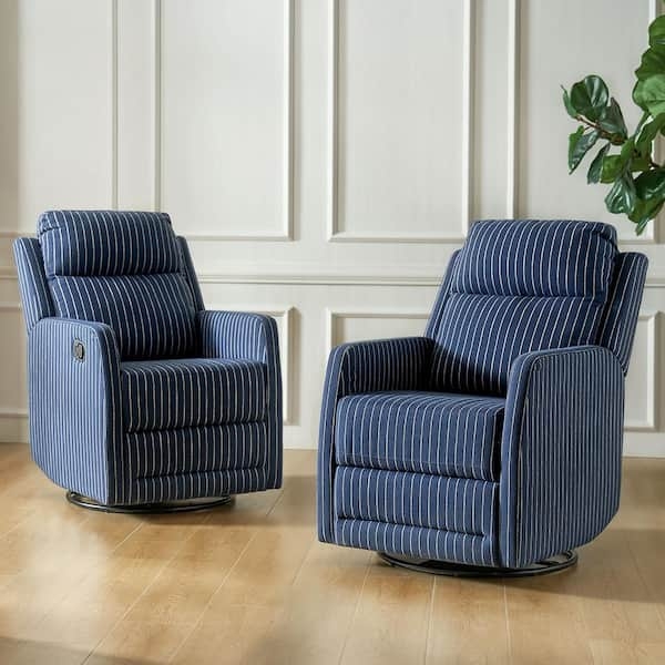 Swivel Recliner Navy Vertical Stripes Pinstripe Upholstery Modern
