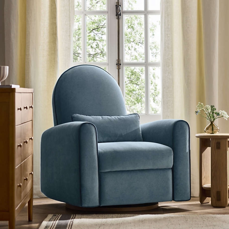 Swivel Recliner Ocean Blue Velvet with Wooden Base and Rounded Back