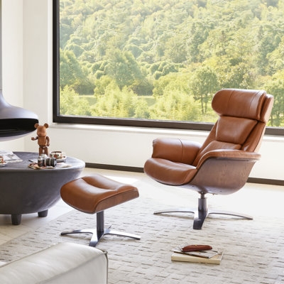 Swivel Recliner & Ottoman Set, Cognac Leather-Like with Wood Shell