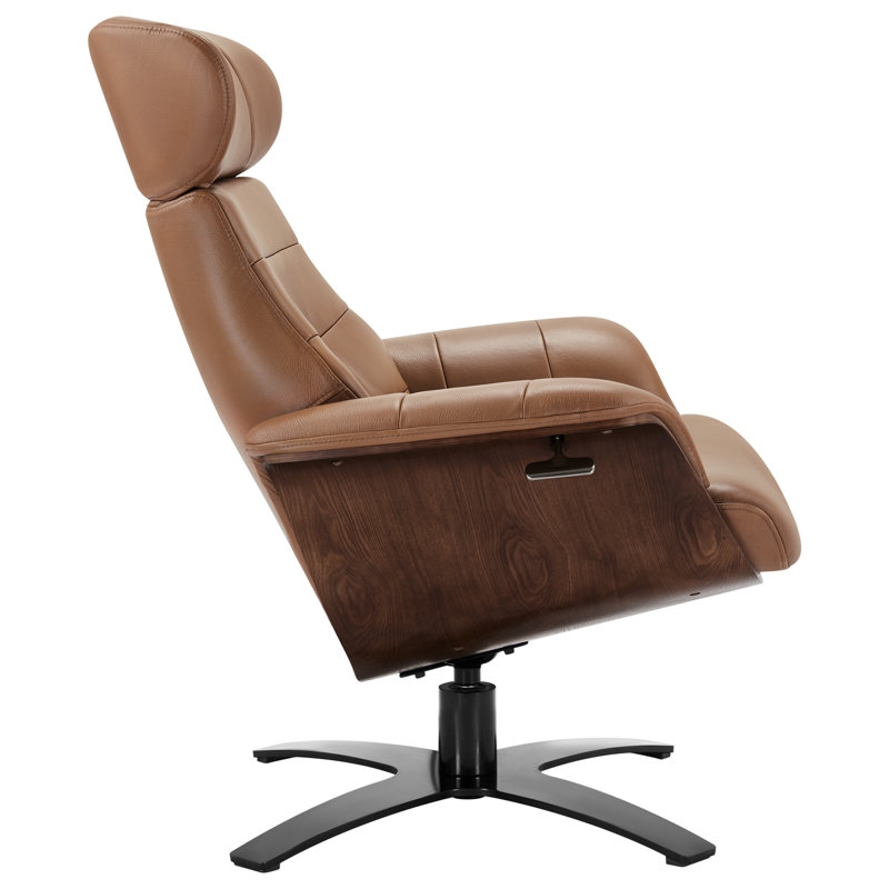 Swivel Recliner Saddle Tan Leather, Wood Toned Shell & Power Recline