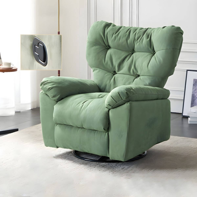 Swivel Recliner: Sage Suede Tufted Back with Pillow Arms