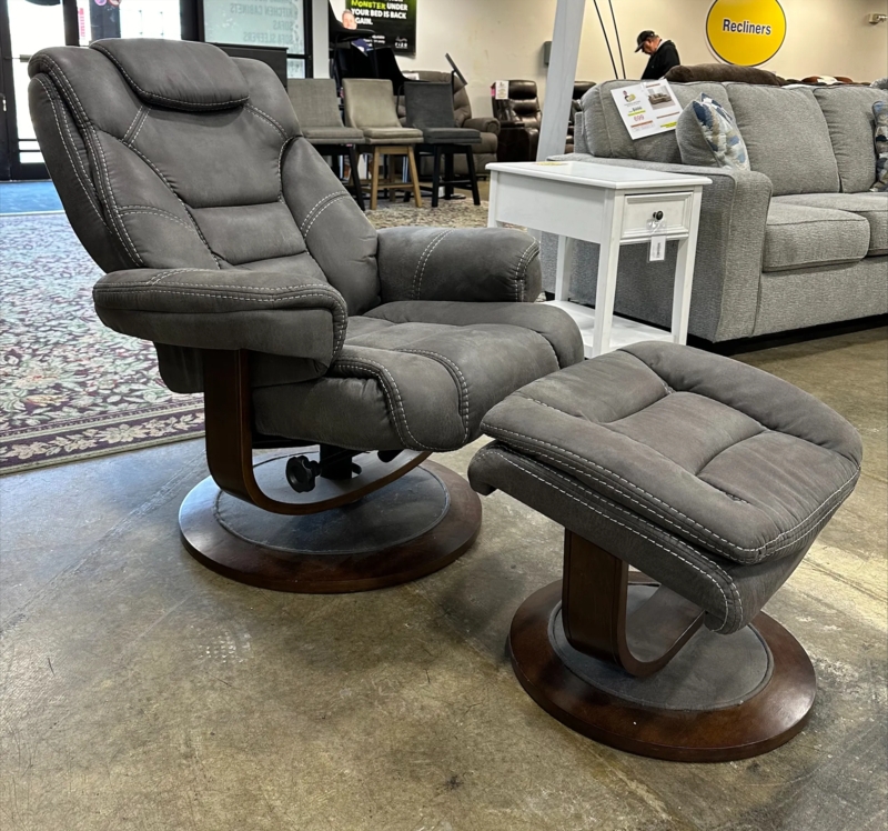 Swivel Recliner Set Matching Ottoman Contrast Stitching Wood Base