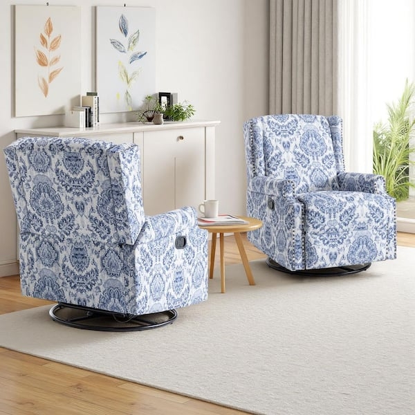 Swivel Recliner Set Navy Damask Metal Base Manual Track Arms