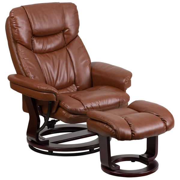 Swivel Recliner Set Vintage Brown Faux Leather Curved Ottoman