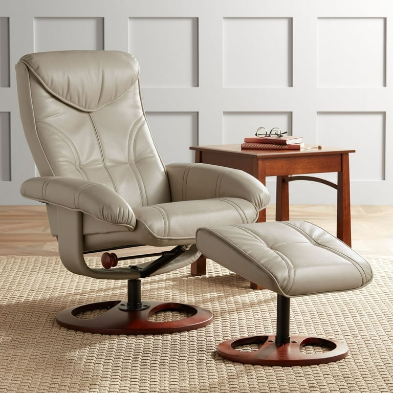 Swivel Recliner Taupe Leather Like Circular Base Ottoman Set