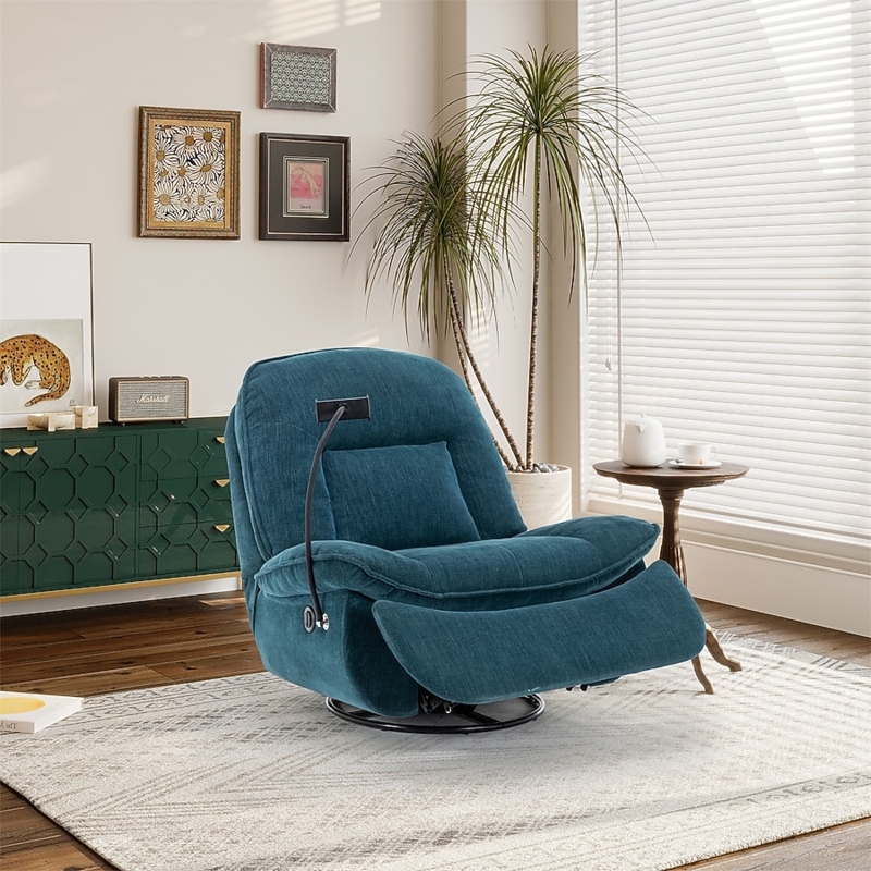Swivel Recliner Teal Upholstery Extended Footrest Modern