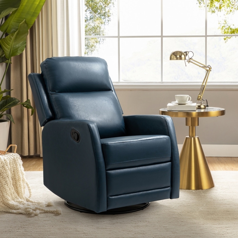 Swivel Recliner Wingback Navy Blue Leather Like Manual Gold Accents