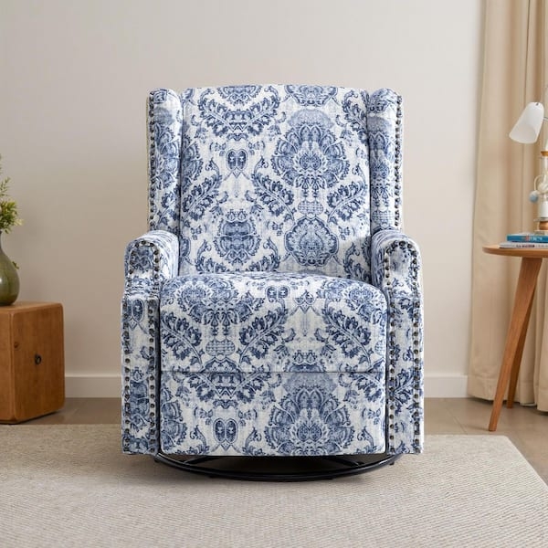 Swivel Recliner Wingback Navy Damask Nailhead Trim Manual