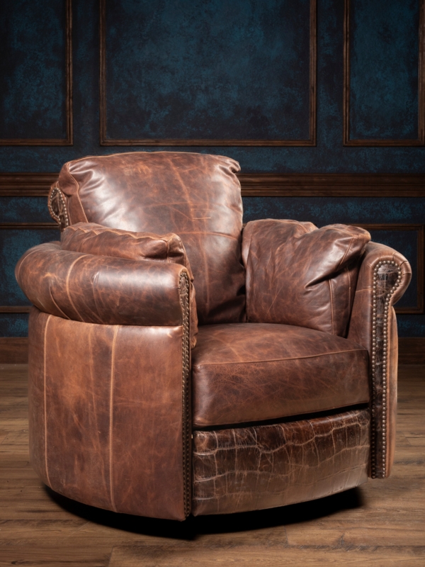 Swivel Recliner with Crocodile Embossed Base & Distressed Leather