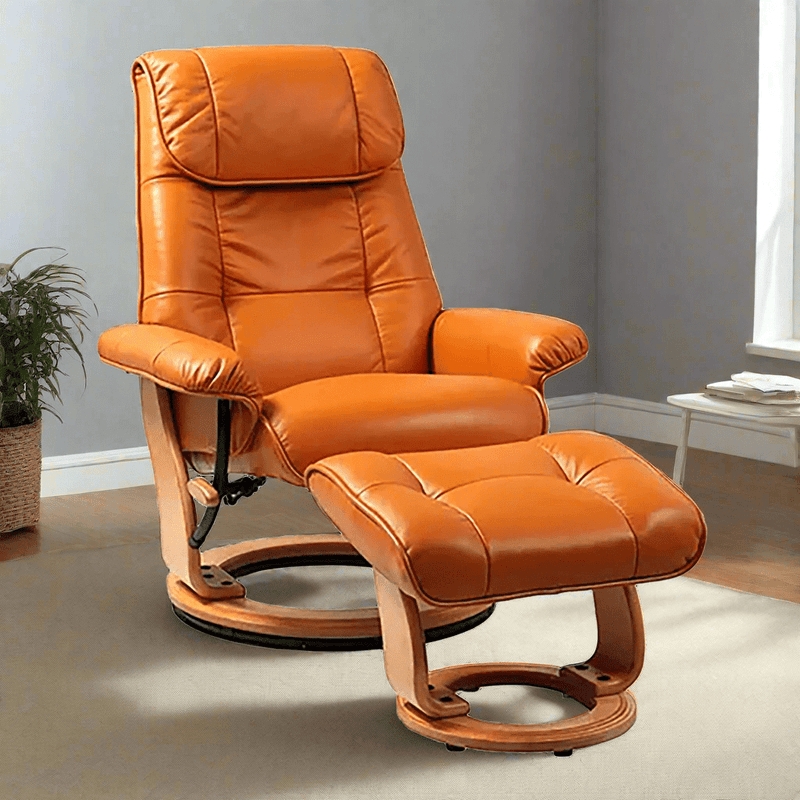 Swivel Recliner with Matching Ottoman and Circular Wooden Base