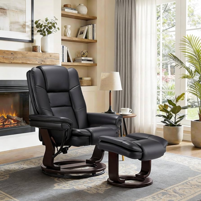 Swivel Recliner with Ottoman and Circular Wood Base, Black