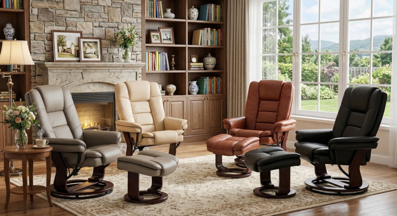 Swivel Recliner with Ottoman and Circular Wood Base, Multi-Color Options