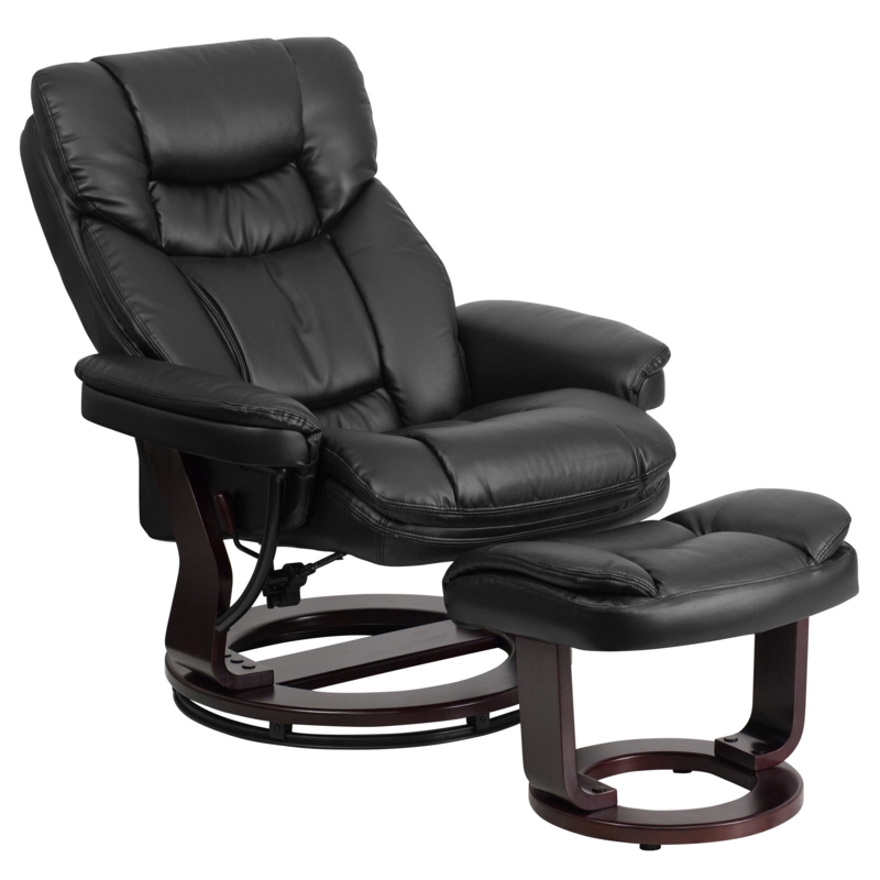 Swivel Recliner with Ottoman Circular Wood Base Leather Like Tiered Backrest