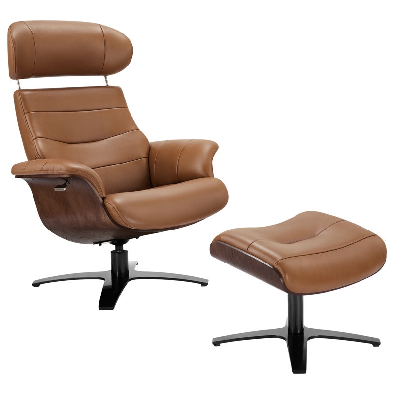 Swivel Recliner with Ottoman, Wood Shell & Tan Leather, Four Star Base
