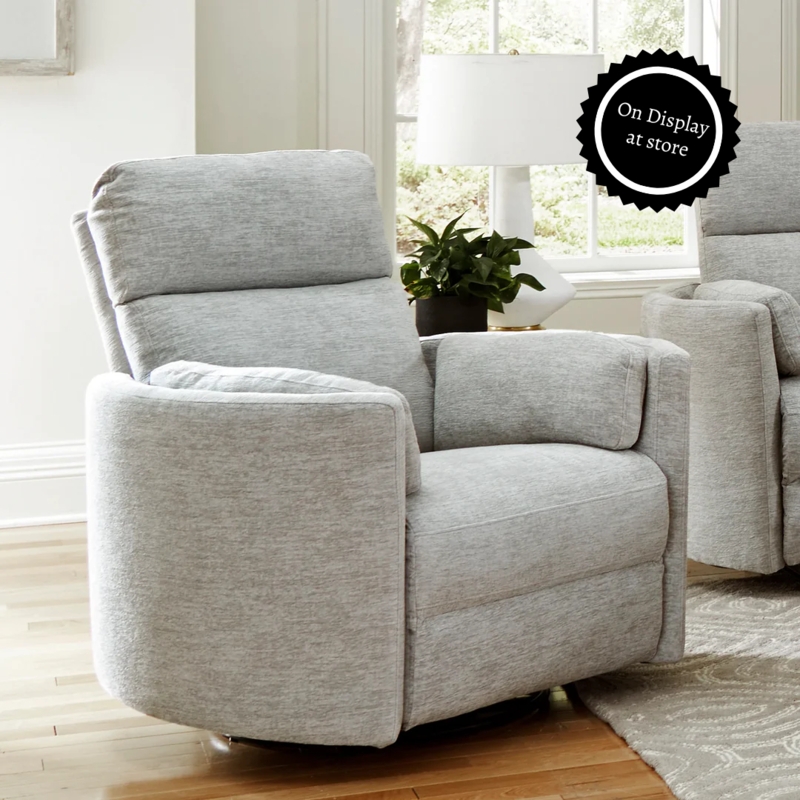 Swivel Recliner with Power-Tilt Headrest in Heathered Grey Fabric