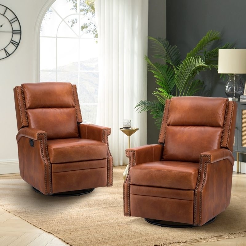 Swivel Rocker Chair Cognac Leather Look Split Back Nailhead Trim