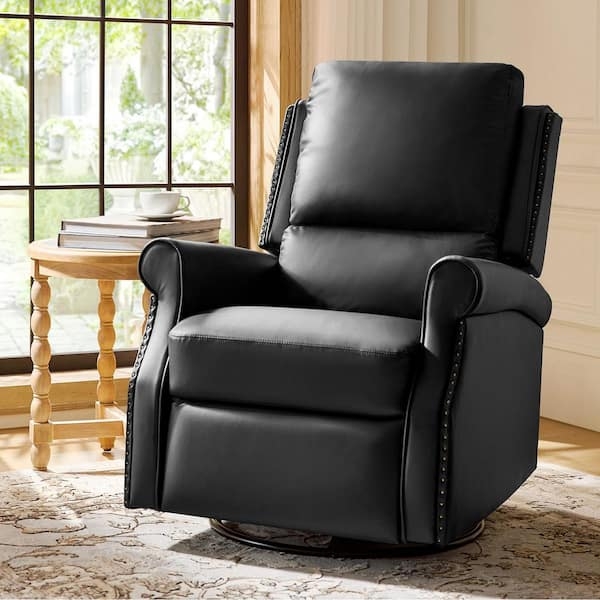 Swivel Rocker Recliner Black Faux Leather Nailhead Trim Traditional Style