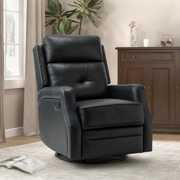 Swivel Rocker Recliner Black Leather-Like with Nailhead Trim
