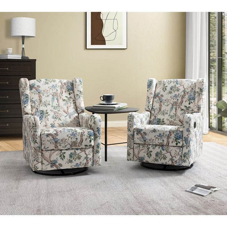 Swivel Rocker Recliner Botanical Bird Print Wingback