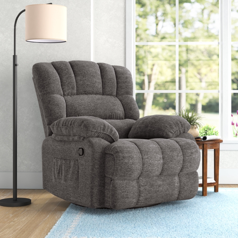 Swivel Rocker Recliner Chair Charcoal Grey Plush Side Storage Pocket