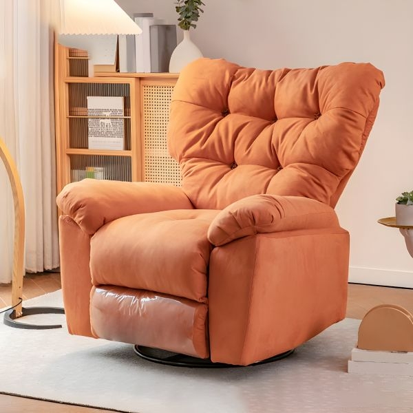 Swivel Rocker Recliner Chair with Button Tufting, Burnt Orange