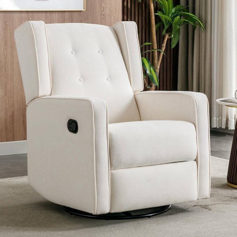Swivel Rocker Recliner Cream Wingback Button Tufted Nursery Chair