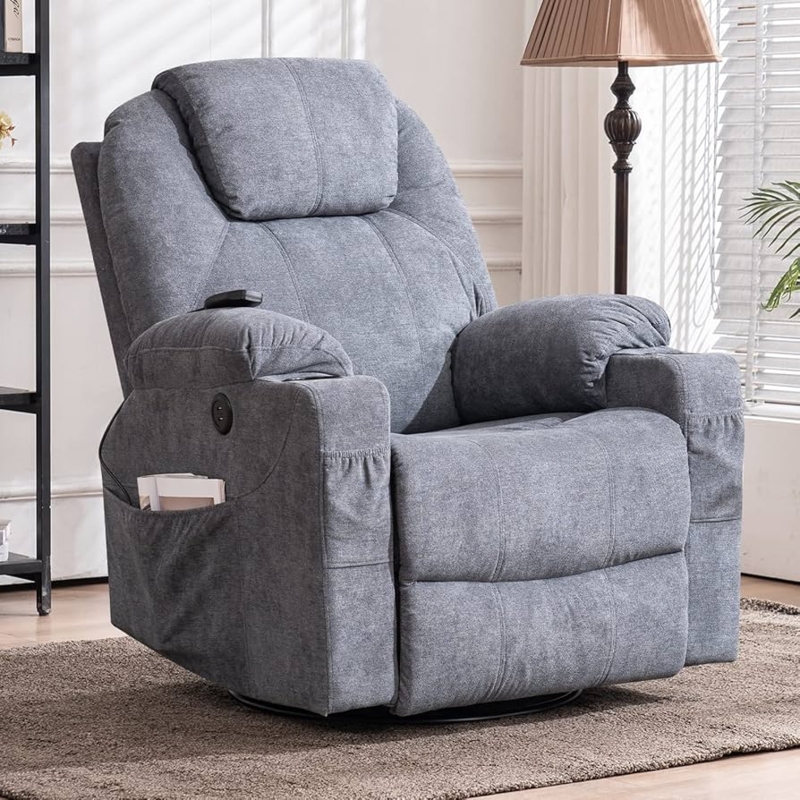 Swivel Rocker Recliner Grey Heathered Texture Cup Holders