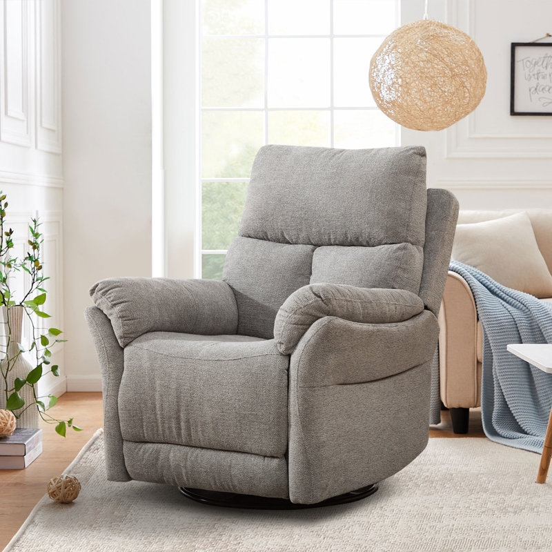 Swivel Rocker Recliner in Light Grey Textured Fabric with Padded Arms