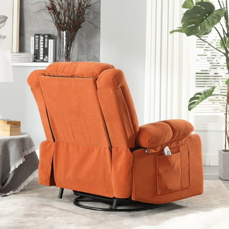 Swivel Rocker Recliner in Orange Chenille, Side Pockets