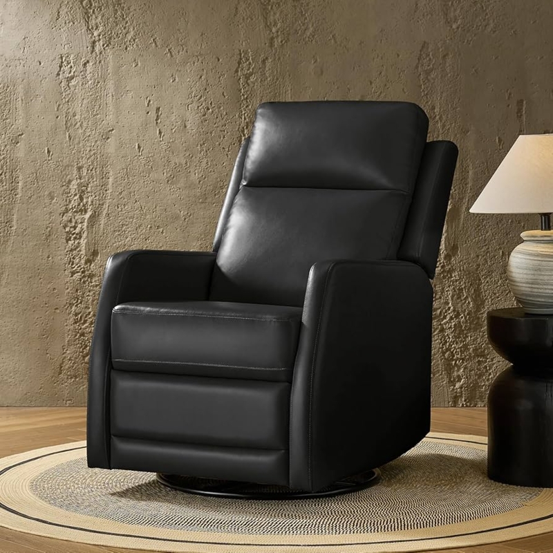 Swivel Rocker Recliner Matte Black Upholstery Integrated Headrest Modern