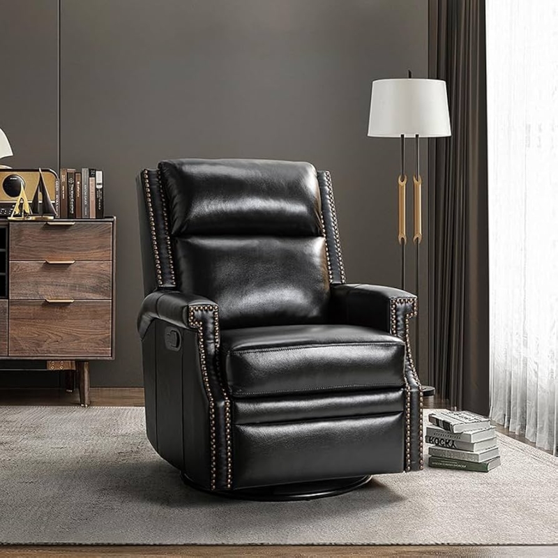 Swivel Rocker Recliner Nailhead Trim Black Leather Like Traditional