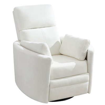Swivel Rocker Recliner, White, High Back, Manual Recline, Accent Pillows