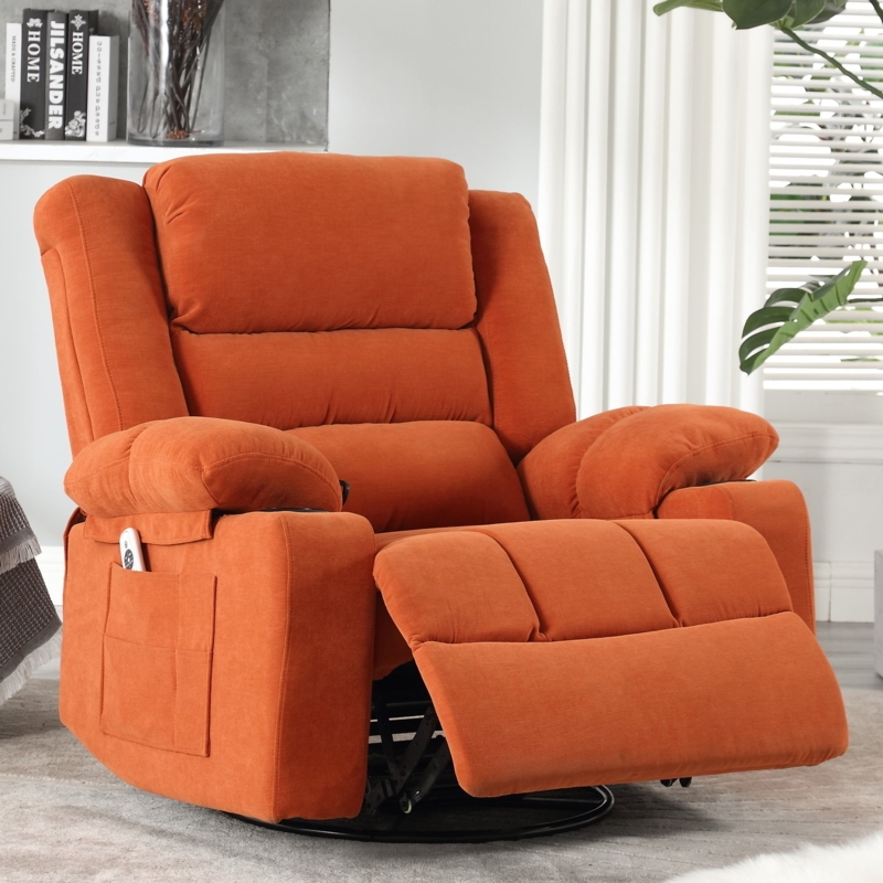 Swivel Rocker Recliner with Integrated Cupholders, Orange Chenille