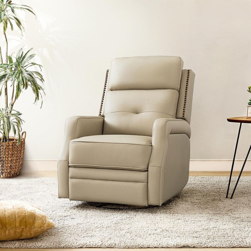 Swivel Rocker Recliner with Nailhead Trim and Tufted Back in Beige