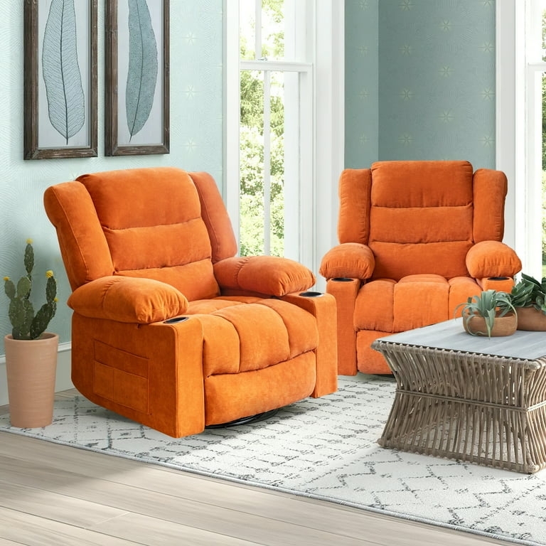 Swivel Rocker Recliner with Overstuffed Arms and Cupholders, Chenille