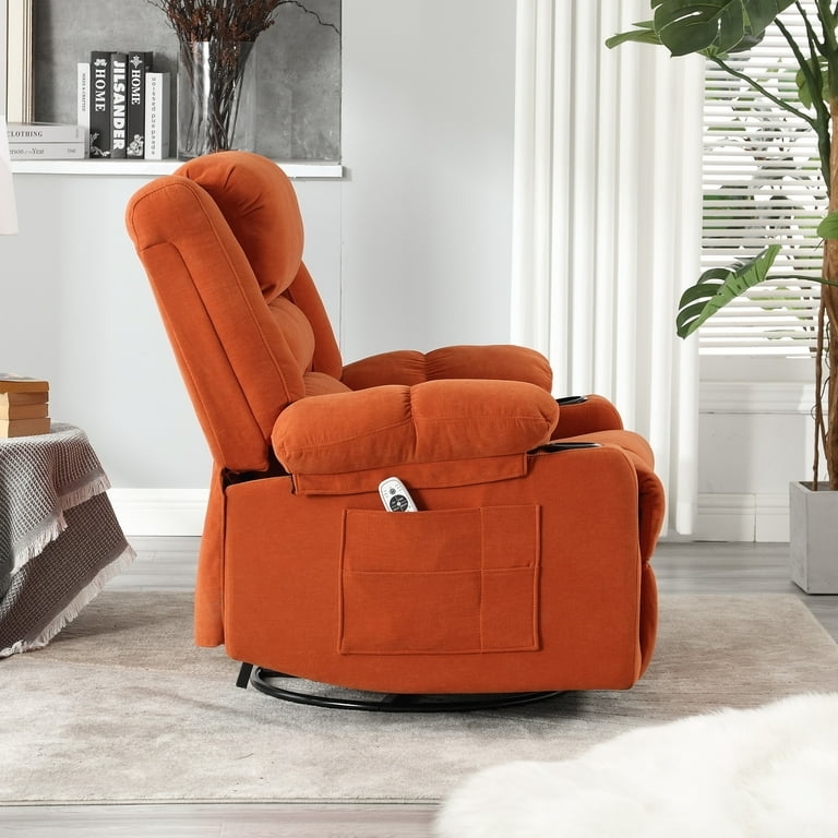 Swivel Rocker Recliner with Side Storage Pockets, Orange Fabric