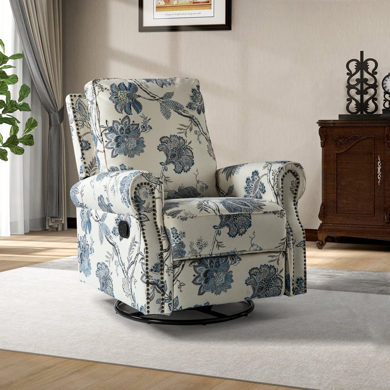 Swivel Rocking Recliner Blue Jacobean Floral Print Nailhead Trim