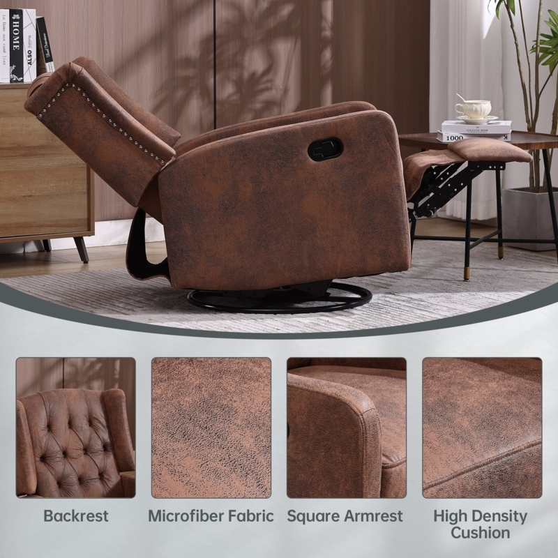 Swivel Rocking Recliner with Tufted Backrest in Brown Microfiber
