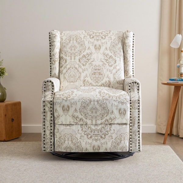 Swivel Wingback Recliner with Beige Damask Pattern & Nailheads