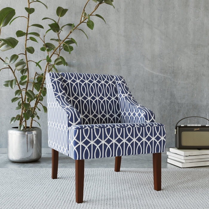 Swoop Arm Accent Chair Navy Blue Trellis Pattern