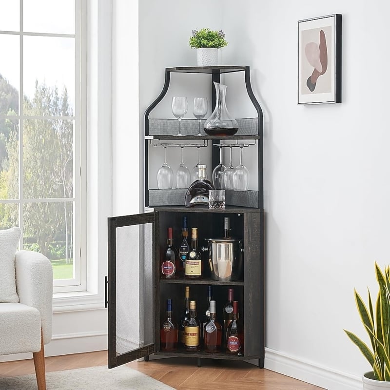 Tall 5-Tier Corner Bar Cabinet in Dark Wood with Industrial Mesh Door
