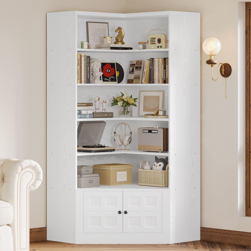 Tall 6-Tier Corner Bookshelf White Wood Grain Double Door Cabinet