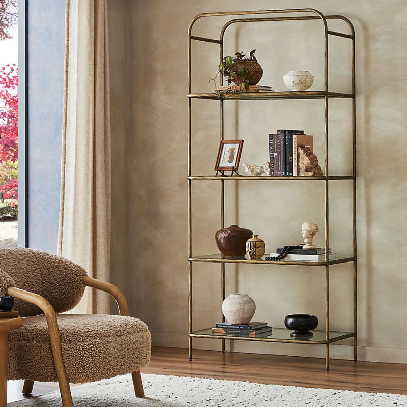 Tall 90-Inch Etagere Bookshelf, Antique Brass Finish with Arched Top