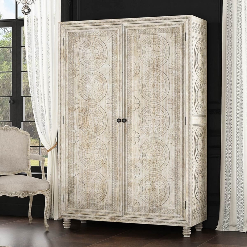Tall Armoire with Hand Carved Circular Medallions and Distressed Finish