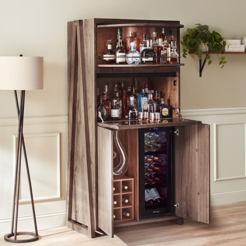 Tall Bar Cabinet Wood Drop Down Door Wine Fridge Rustic Home Bar