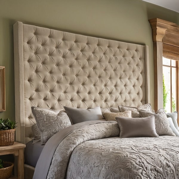 Tall Beige Linen Wingback Headboard with Deep Tufting