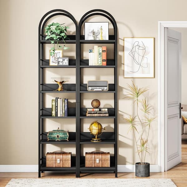Tall Black Arched Bookcase Pair with Six Open Tiers