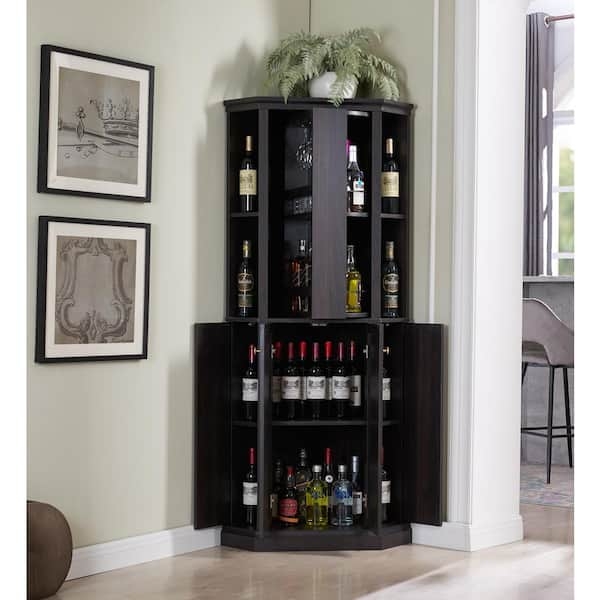 Tall Black Wood Grain Corner Bar Cabinet with Wine Rack