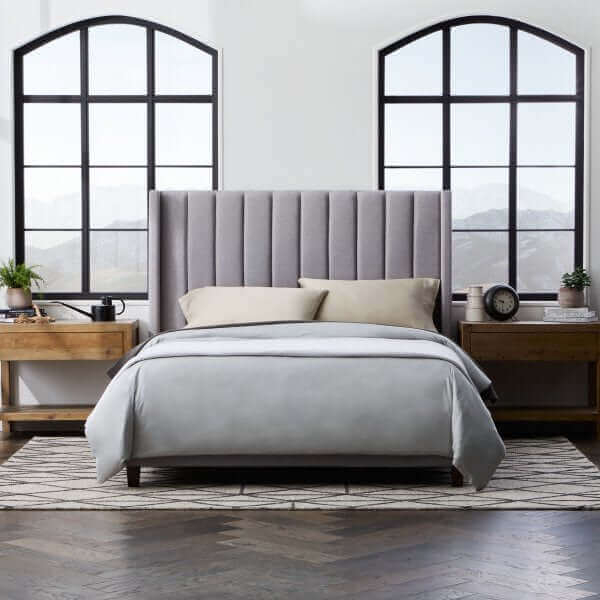Tall Channel-Tufted Headboard with Wingback Sides in Modern Grey Fabric